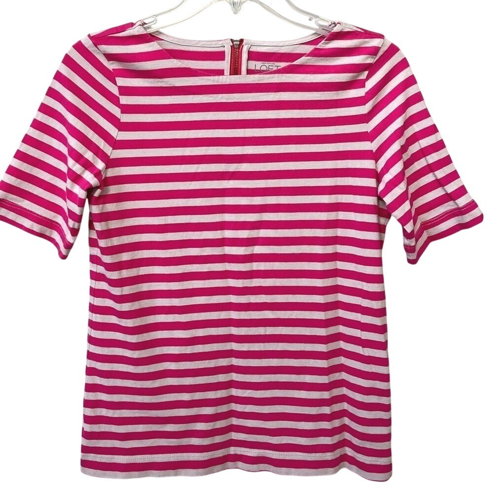 Ann Taylor Loft Short Sleeve Crewneck Striped Knit Shirt Womens XS Pink Ivory